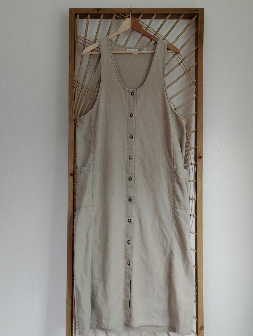 Vintage Linen & Cotton Sleeveless Button Front Maxi Dress / Size Large